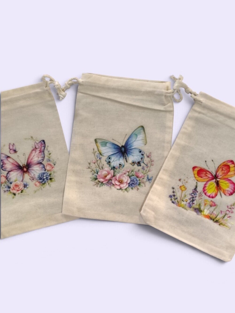 Canvas Drawstring Pouch with Butterfly Print - Set Of 3